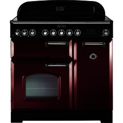 Rangemaster Classic Deluxe 90cm Electric Ceramic 84510 Range Cooker in Cranberry with Brass Trim and Ceramic Hob